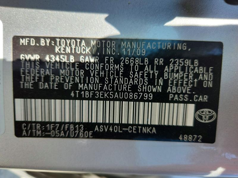2010 Toyota Camry მანქანა იყიდება აუქციონზე, vin: 4T1BF3EK5AU086799, აუქციონის ნომერი: 57751576