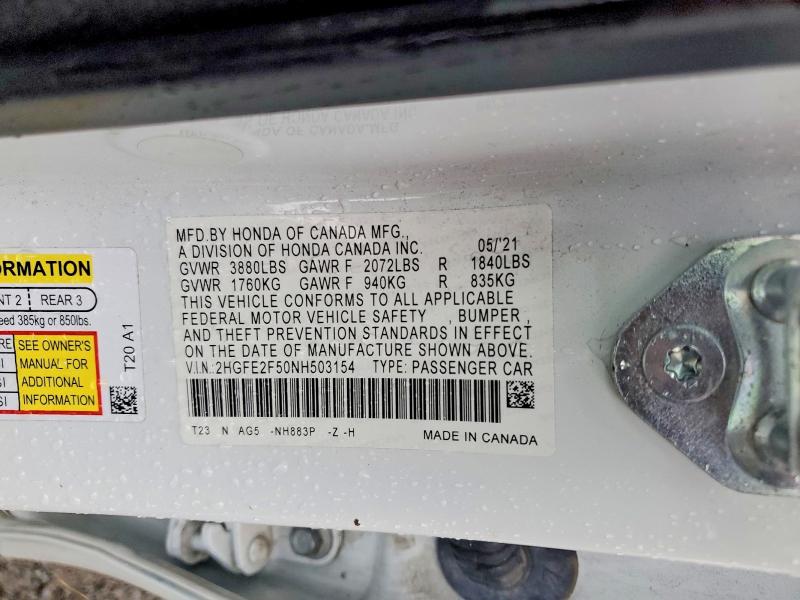 2022 Honda Civic მანქანა იყიდება აუქციონზე, vin: 2HGFE2F50NH503154, აუქციონის ნომერი: 57405606