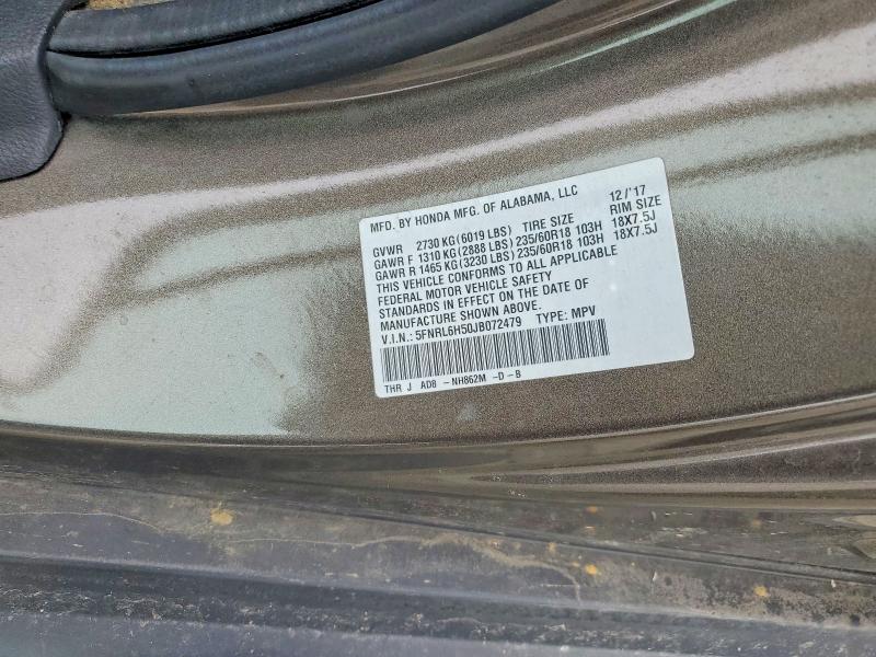 57357486 :رقم المزاد ، 5FNRL6H50JB072479 vin ، 2018 Honda Odyssey مزاد بيع
