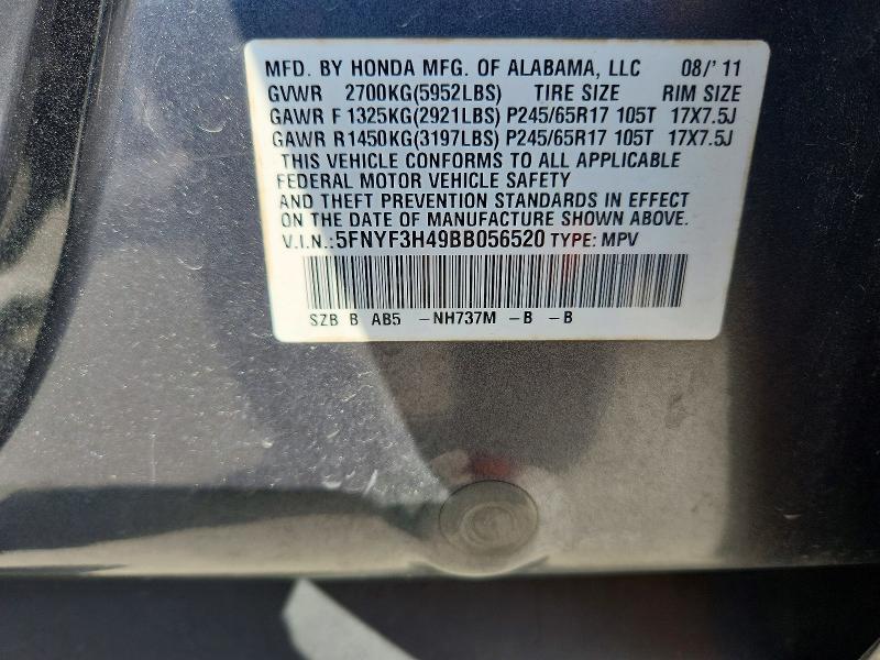 2011 Honda Pilot მანქანა იყიდება აუქციონზე, vin: 5FNYF3H49BB056520, აუქციონის ნომერი: 55751246