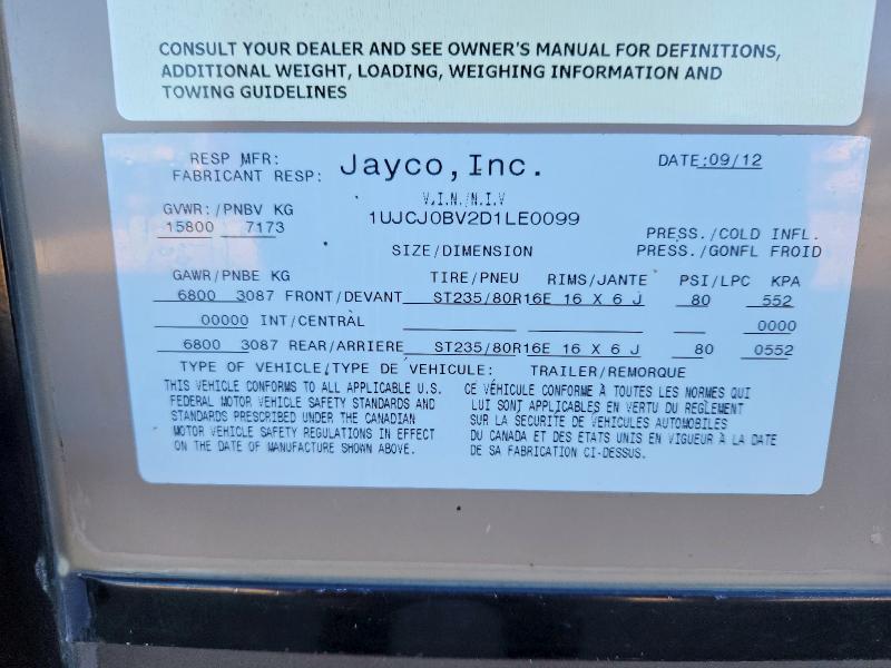 57496356 :رقم المزاد ، 1UJCJ0BV2D1LE0099 vin ، 2013 Jayco Eagle مزاد بيع