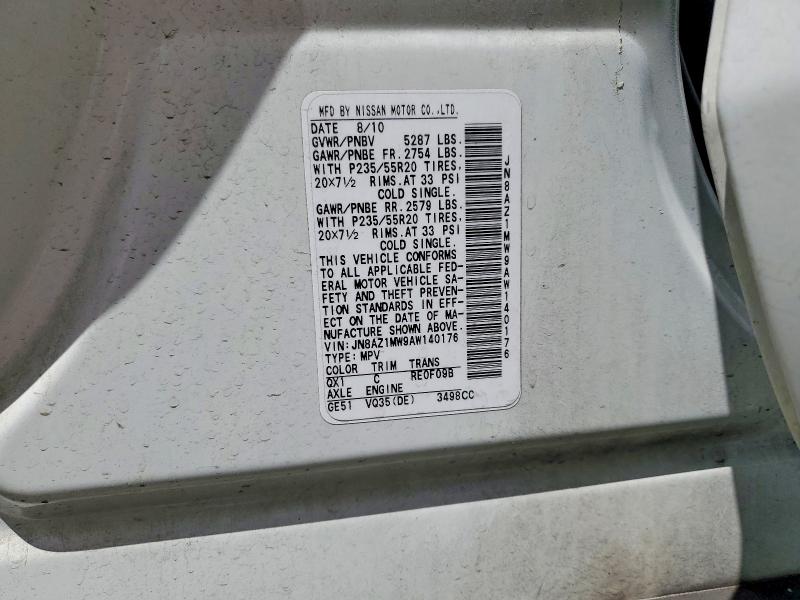 2010 Nissan Murano მანქანა იყიდება აუქციონზე, vin: JN8AZ1MW9AW140176, აუქციონის ნომერი: 56275256