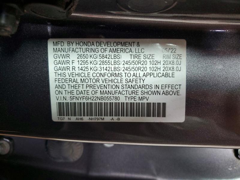 Продаж на аукціоні авто 2022 Honda Pilot, vin: 5FNYF6H22NB055780, номер лоту: 56973296