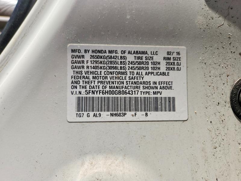 Aukcja sprzedaży 2016 Honda Pilot, vin: 5FNYF6H00GB064317, numer aukcji: 58612466