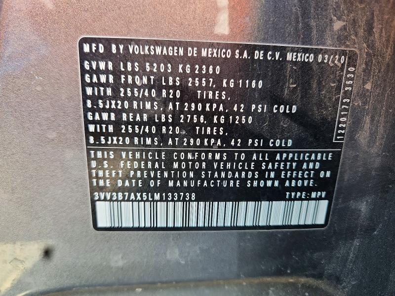 Aukcja sprzedaży 2020 Volkswagen Tiguan, vin: 3VV3B7AX5LM133738, numer aukcji: 56533766