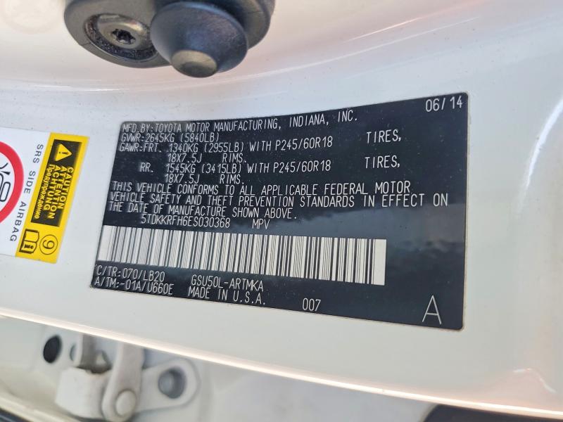 Aukcja sprzedaży 2014 Toyota Highlander, vin: 5TDKKRFH6ES030368, numer aukcji: 57927536