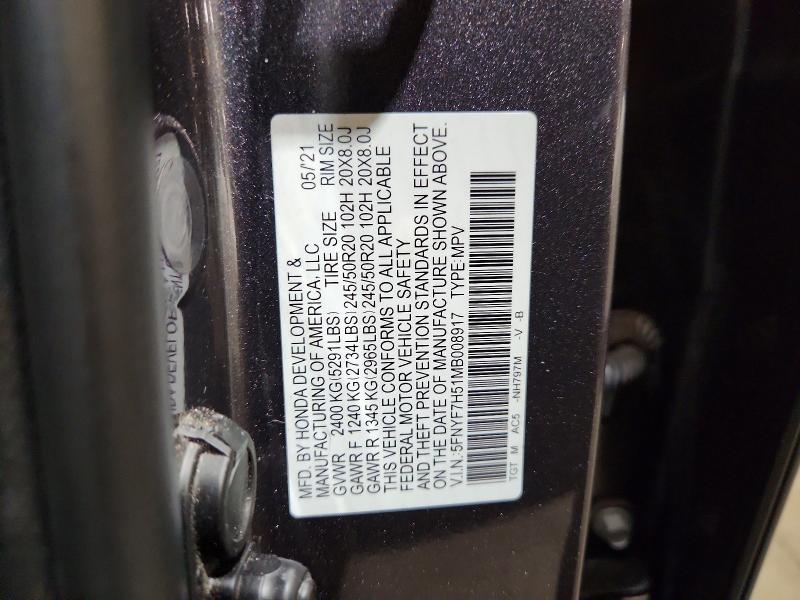 58423406 :رقم المزاد ، 5FNYF7H51MB008917 vin ، 2021 Honda Passport مزاد بيع