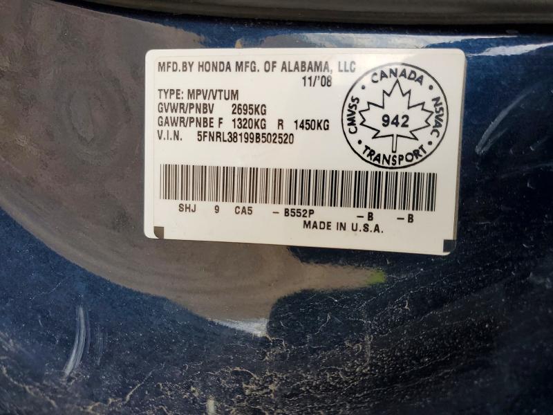 55898936 :رقم المزاد ، 5FNRL38199B502520 vin ، 2009 Honda Odyssey مزاد بيع