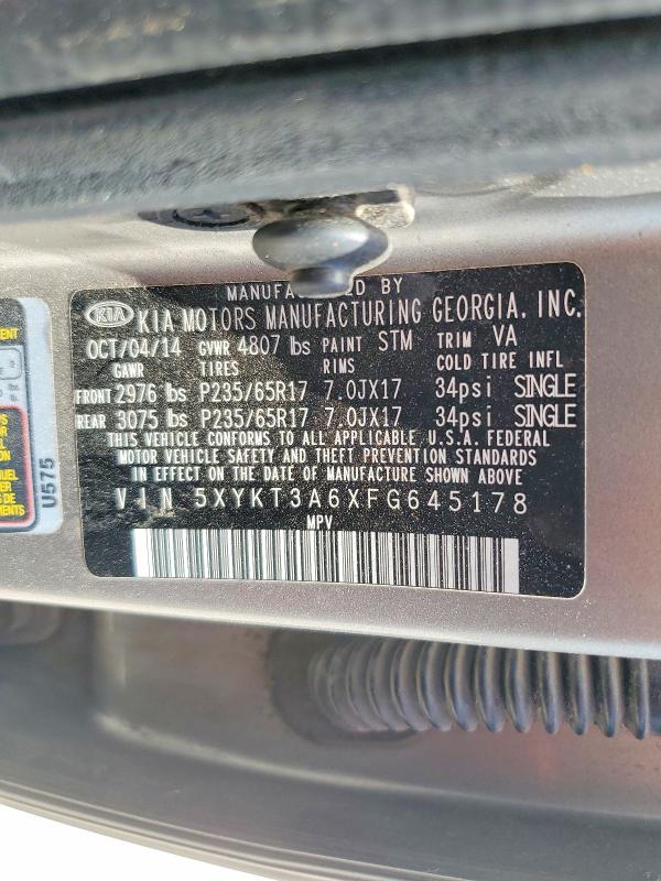 2015 Kia Sorento მანქანა იყიდება აუქციონზე, vin: 5XYKT3A6XFG645178, აუქციონის ნომერი: 58441826