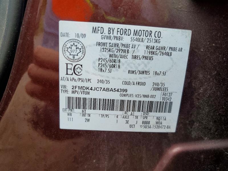 Продажа на аукционе авто 2010 Ford Edge, vin: 2FMDK4JC7ABA54399, номер лота: 57247266
