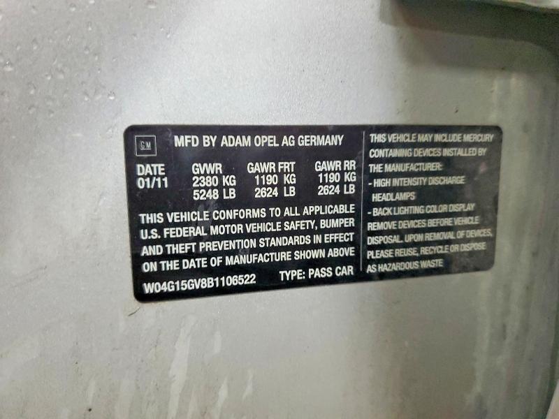 Продажа на аукционе авто 2011 Buick Regal, vin: W04G15GV8B1106522, номер лота: 57298036
