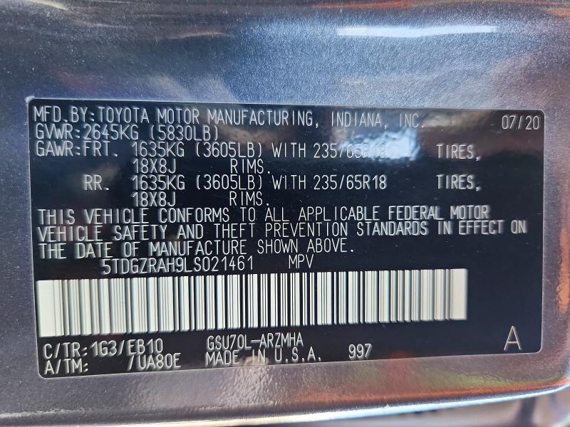 2020 Toyota Highlander მანქანა იყიდება აუქციონზე, vin: 5TDGZRAH9LS021461, აუქციონის ნომერი: 57709406