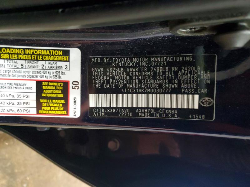 2021 Toyota Camry მანქანა იყიდება აუქციონზე, vin: 4T1C31AK7MU030777, აუქციონის ნომერი: 56157846