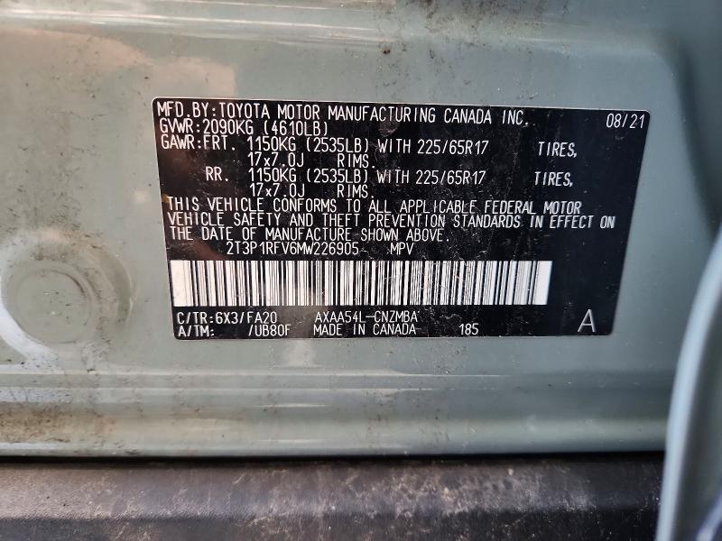 2021 Toyota Rav4 მანქანა იყიდება აუქციონზე, vin: 2T3P1RFV6MW226905, აუქციონის ნომერი: 57430836