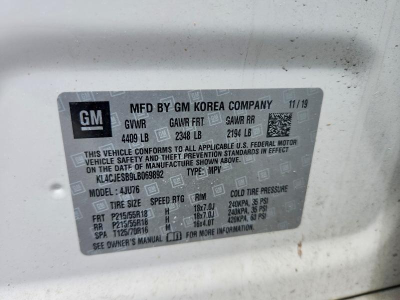 2020 Buick Encore მანქანა იყიდება აუქციონზე, vin: KL4CJESB9LB069892, აუქციონის ნომერი: 55193186