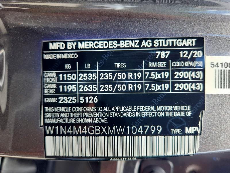 58067316 :رقم المزاد ، W1N4M4GBXMW104799 vin ، 2021 Mercedes-benz Glb مزاد بيع