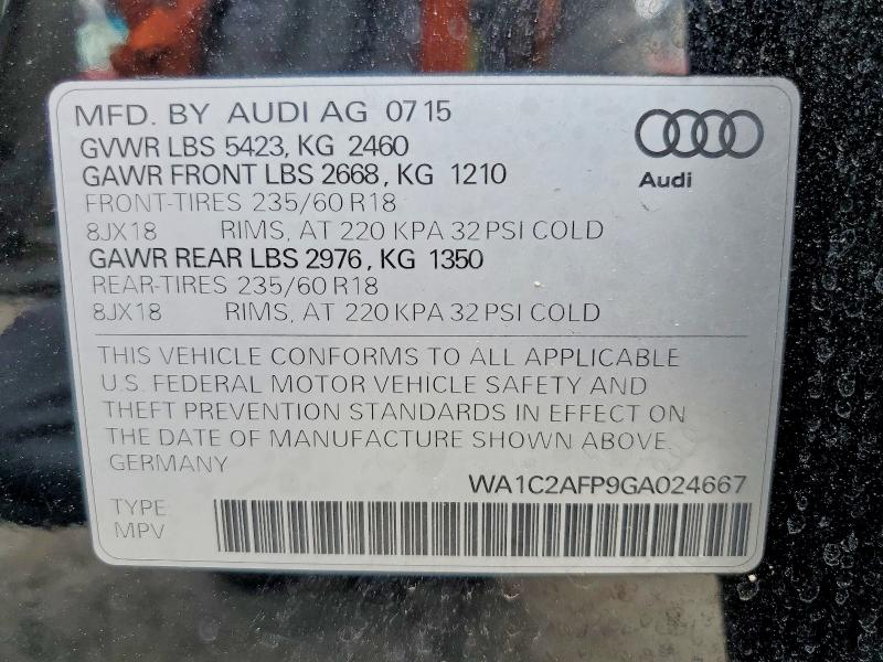 2016 Audi Q5 მანქანა იყიდება აუქციონზე, vin: WA1C2AFP9GA024667, აუქციონის ნომერი: 55623806