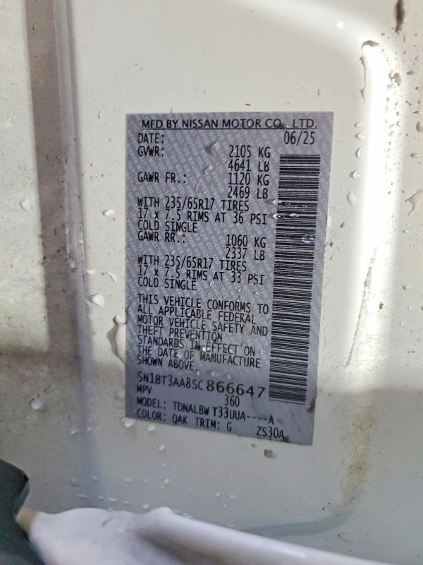 Auction sale of the 2025 Nissan Rogue, vin: 5N1BT3AA8SC866647, lot number: 55520186