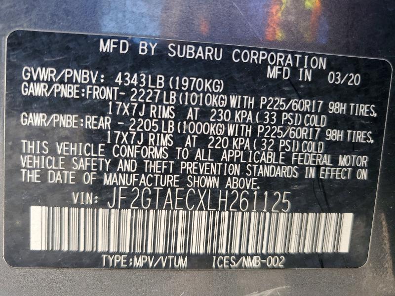 Aukcja sprzedaży 2020 Subaru Crosstrek, vin: JF2GTAECXLH261125, numer aukcji: 55382096