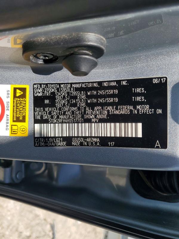 Продажа на аукционе авто 2017 Toyota Highlander, vin: 5TDKZRFH4HS517701, номер лота: 57547056