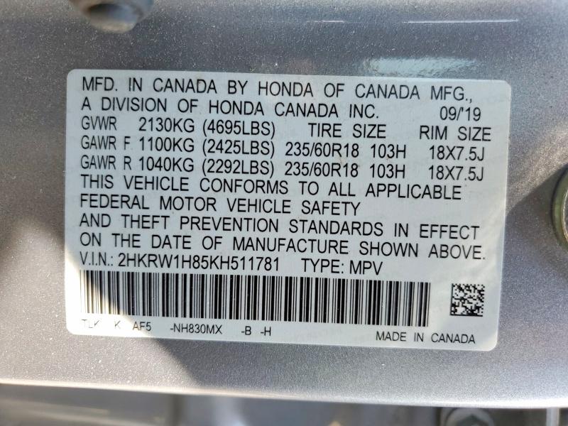 Aukcja sprzedaży 2019 Honda Cr-v, vin: 2HKRW1H85KH511781, numer aukcji: 56141056