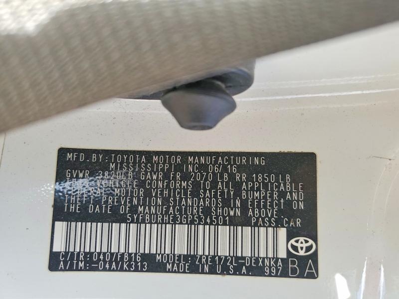 Aukcja sprzedaży 2016 Toyota Coralla, vin: 5YFBURHE3GP534501, numer aukcji: 56645576