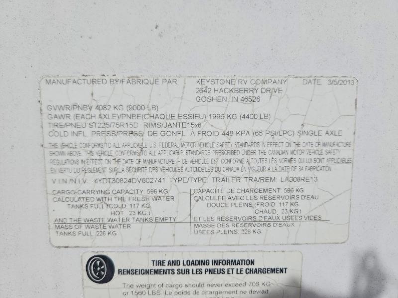 Aukcja sprzedaży 2013 Keys 308 Re, vin: 4YDT30824DV602741, numer aukcji: 54009956