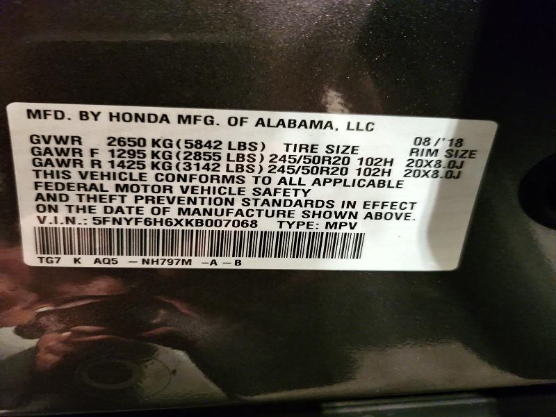 Продажа на аукционе авто 2019 Honda Pilot, vin: 5FNYF6H6XKB007068, номер лота: 56969786