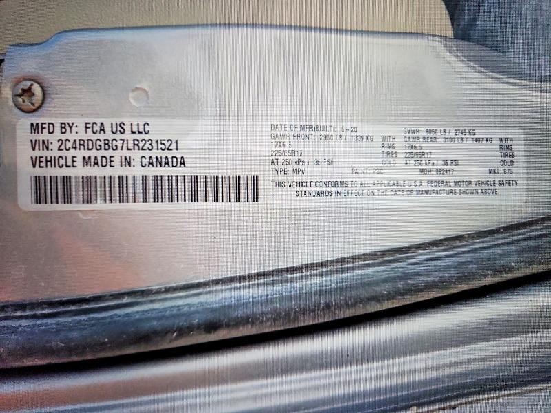 2020 Dodge Grand Caravan მანქანა იყიდება აუქციონზე, vin: 2C4RDGBG7LR231521, აუქციონის ნომერი: 57738226