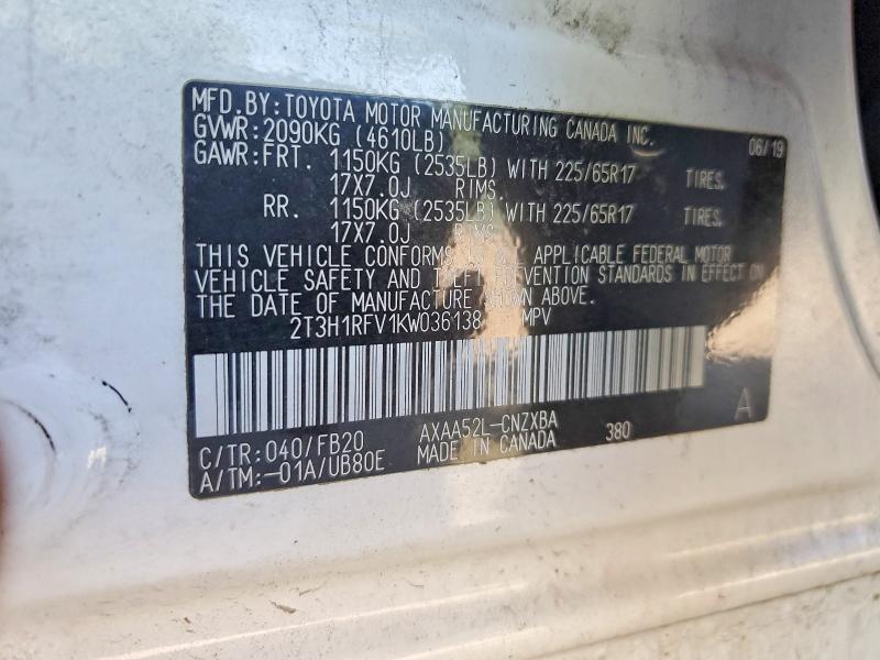 Продаж на аукціоні авто 2019 Toyota Rav4, vin: 2T3H1RFV1KW036138, номер лоту: 56070916