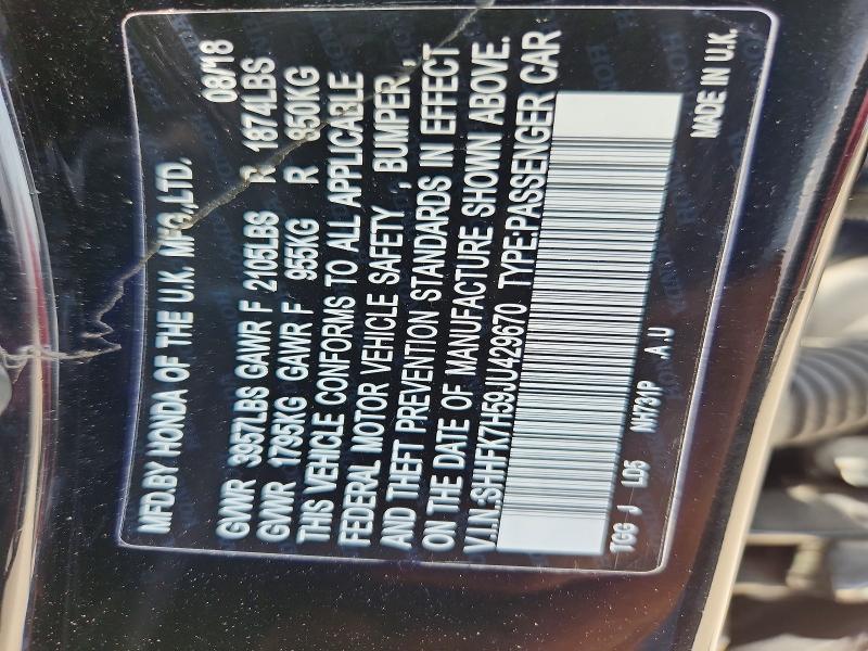58636096 :رقم المزاد ، SHHFK7H59JU429670 vin ، 2018 Honda Civic مزاد بيع
