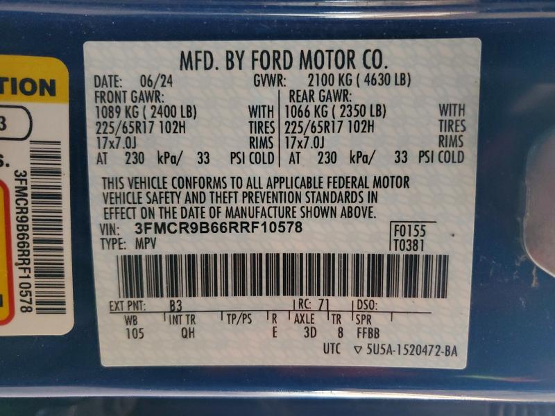 55713546 :رقم المزاد ، 3FMCR9B66RRF10578 vin ، 2024 Ford Bronco Sport مزاد بيع