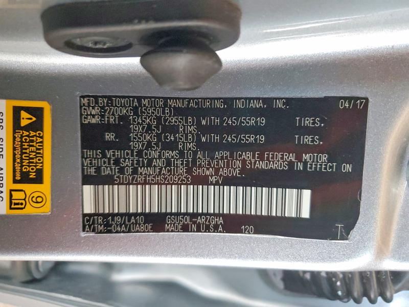 Aukcja sprzedaży 2017 Toyota Highlander, vin: 5TDYZRFH5HS209253, numer aukcji: 54808946