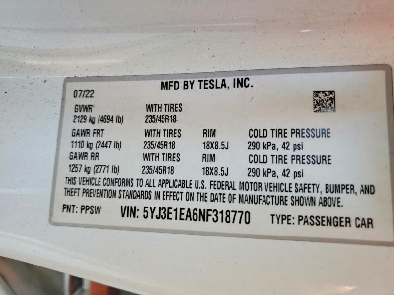 Продажа на аукционе авто 2022 Tesla Model 3, vin: 5YJ3E1EA6NF318770, номер лота: 56714436