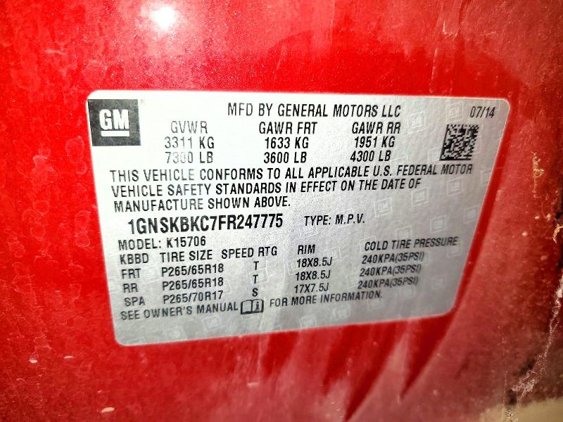 2015 Chevrolet Tahoe მანქანა იყიდება აუქციონზე, vin: 1GNSKBKC7FR247775, აუქციონის ნომერი: 59231896