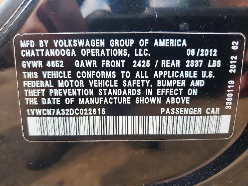 2013 Volkswagen Passat მანქანა იყიდება აუქციონზე, vin: 1VWCN7A32DC022616, აუქციონის ნომერი: 57698786