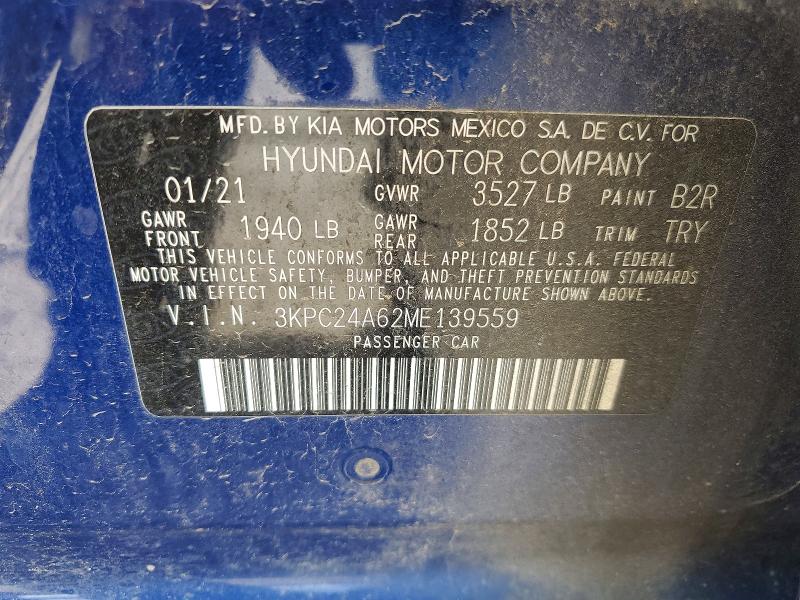 2021 Hyundai Accent მანქანა იყიდება აუქციონზე, vin: 3KPC24A62ME139559, აუქციონის ნომერი: 58276216