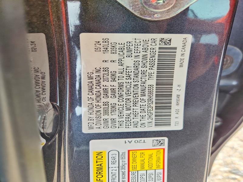 2024 Honda Civic მანქანა იყიდება აუქციონზე, vin: 2HGFE2F52RH586558, აუქციონის ნომერი: 56285736