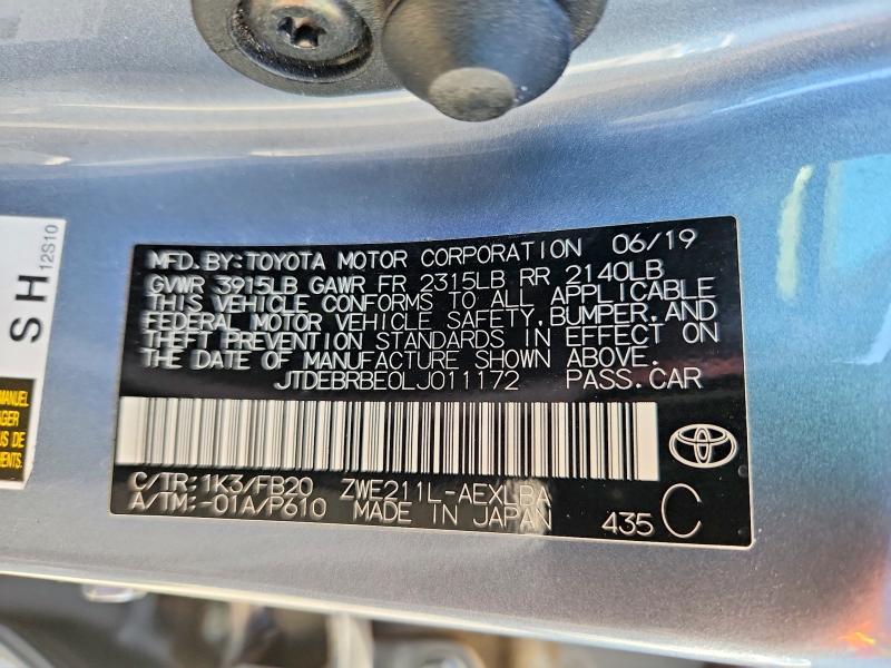 56470496 :رقم المزاد ، JTDEBRBE0LJ011172 vin ، 2020 Toyota Corolla مزاد بيع