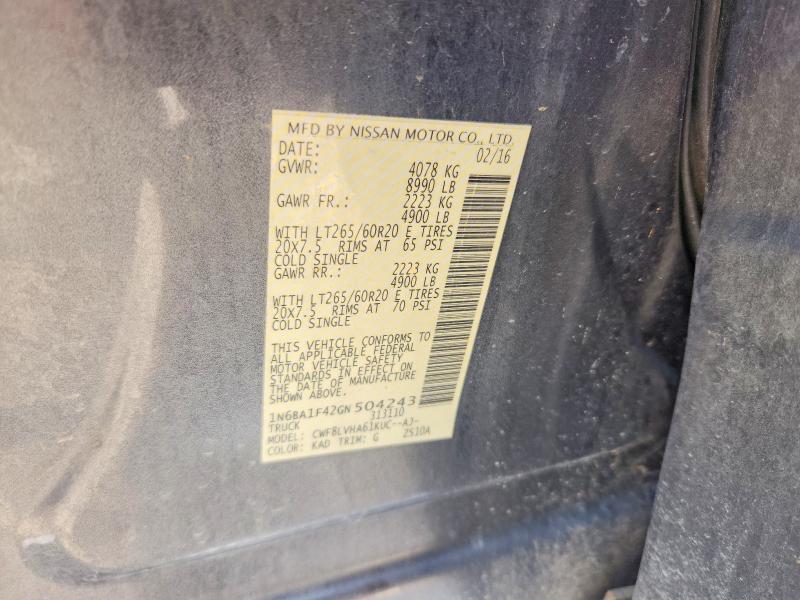 2016 Nissan Titan Xd მანქანა იყიდება აუქციონზე, vin: 1N6BA1F42GN504243, აუქციონის ნომერი: 58197106