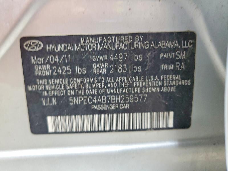 2011 Hyundai Sonata მანქანა იყიდება აუქციონზე, vin: 5NPEC4AB7BH259577, აუქციონის ნომერი: 56442856