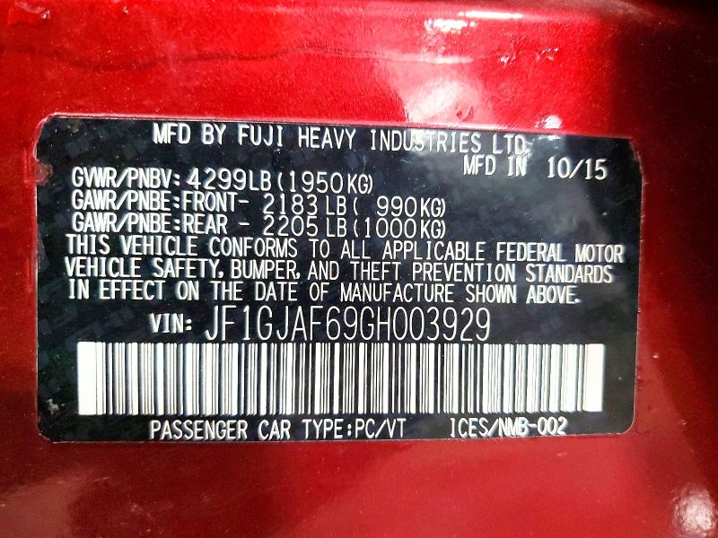 Продаж на аукціоні авто 2016 Subaru Impreza, vin: JF1GJAF69GH003929, номер лоту: 57423016