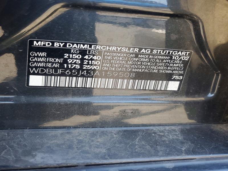 Aukcja sprzedaży 2003 Mercedes-benz E, vin: WDBUF65J43A159508, numer aukcji: 58650156