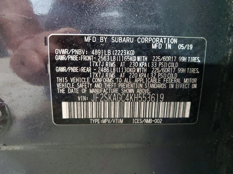 Продаж на аукціоні авто 2019 Subaru Forester, vin: JF2SKAGC4KH553619, номер лоту: 56948326