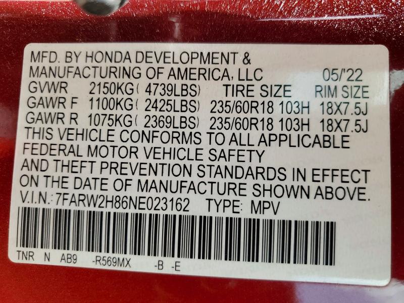 Aukcja sprzedaży 2022 Honda Cr-v, vin: 7FARW2H86NE023162, numer aukcji: 57754676