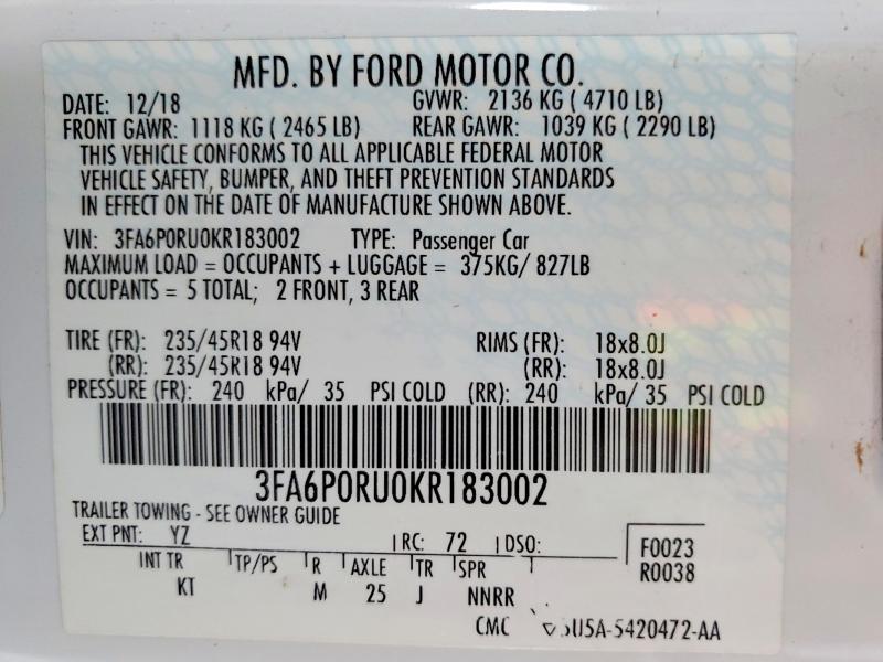2019 Ford Fusion მანქანა იყიდება აუქციონზე, vin: 3FA6P0RU0KR183002, აუქციონის ნომერი: 58302936