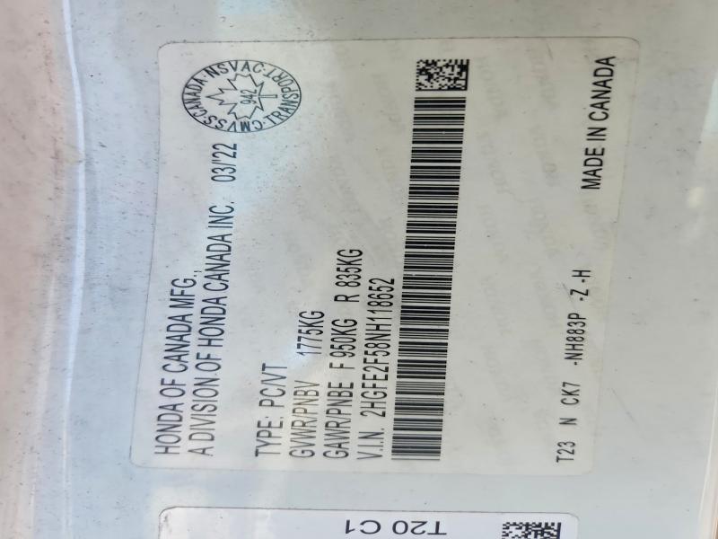 Продажа на аукционе авто 2022 Honda Civic, vin: 2HGFE2F58NH118652, номер лота: 56099346