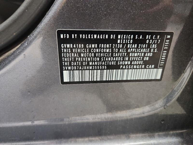 2017 Volkswagen Jetta მანქანა იყიდება აუქციონზე, vin: 3VWDB7AJ8HM355595, აუქციონის ნომერი: 56088886