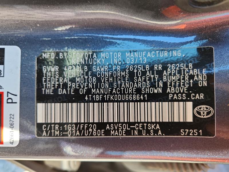 2013 Toyota Camry მანქანა იყიდება აუქციონზე, vin: 4T1BF1FK0DU668641, აუქციონის ნომერი: 56362566
