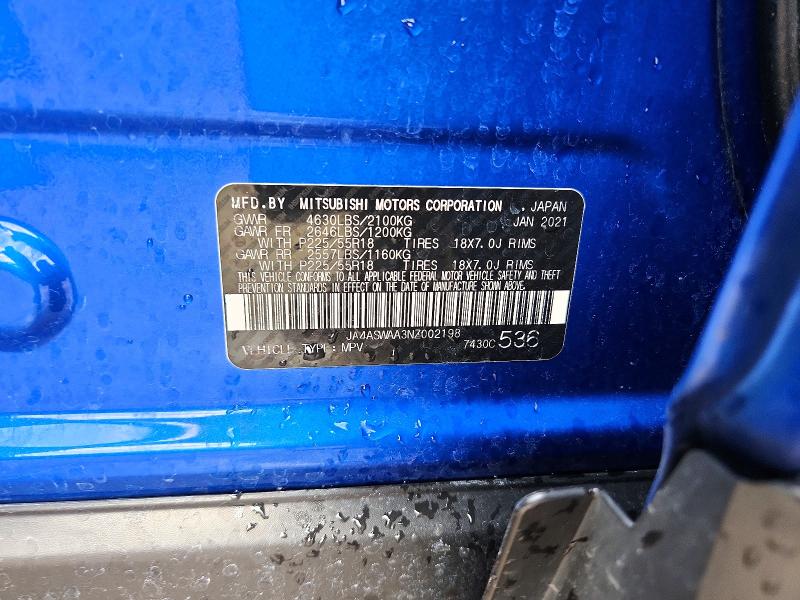 2022 Mitsubishi Eclipse Cross მანქანა იყიდება აუქციონზე, vin: JA4ASWAA3NZ002198, აუქციონის ნომერი: 58251976